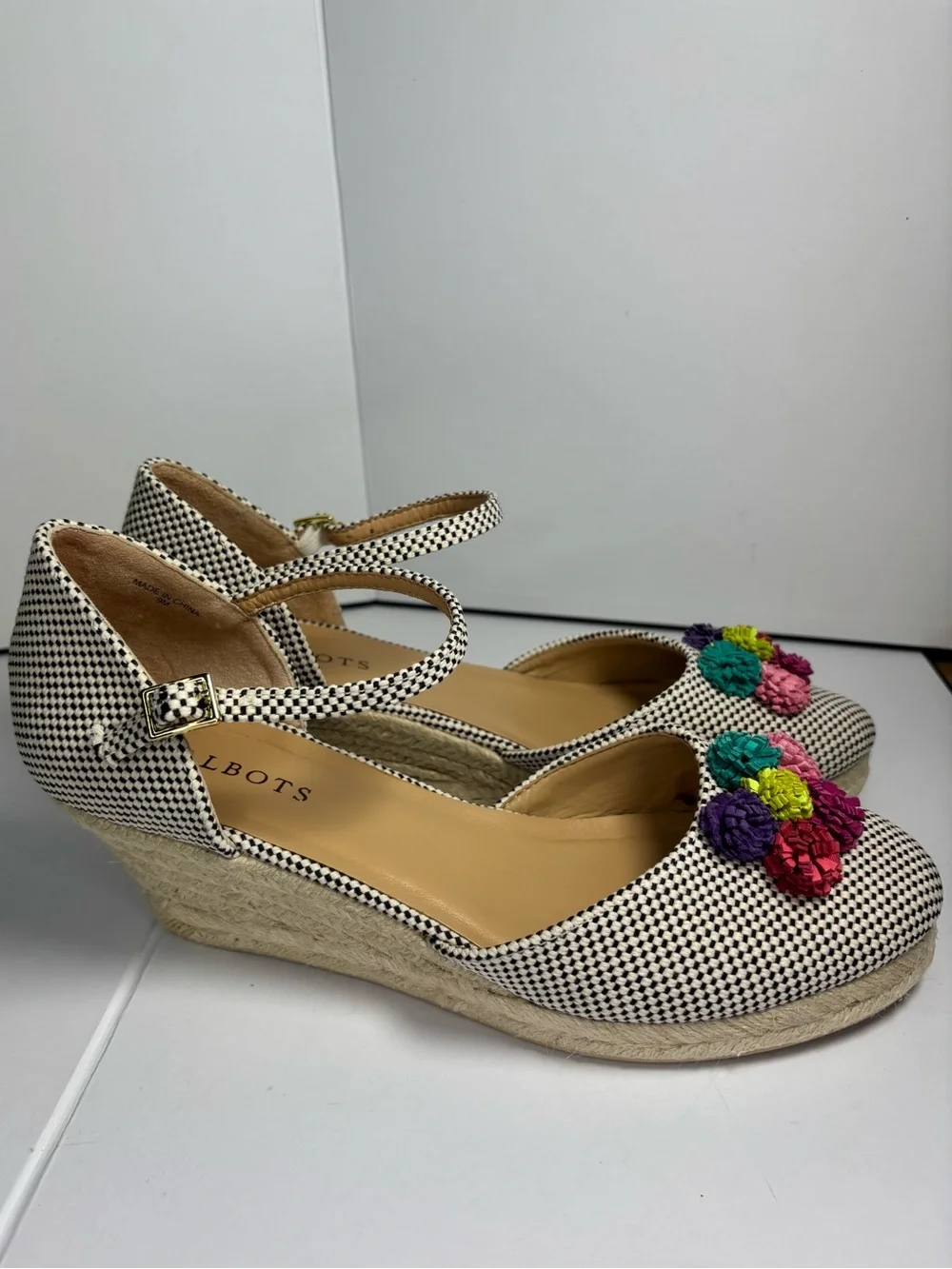Talbots Black White Espadrille Wedge Shoes Colorful Pom Pom Ankle Strap 9
